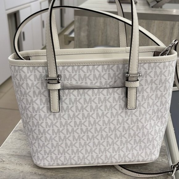 Michael Kors Jet Set Travel Extra-Small Logo Top-Zip Tote Bag Optic White Multi - Picture 10 of 16